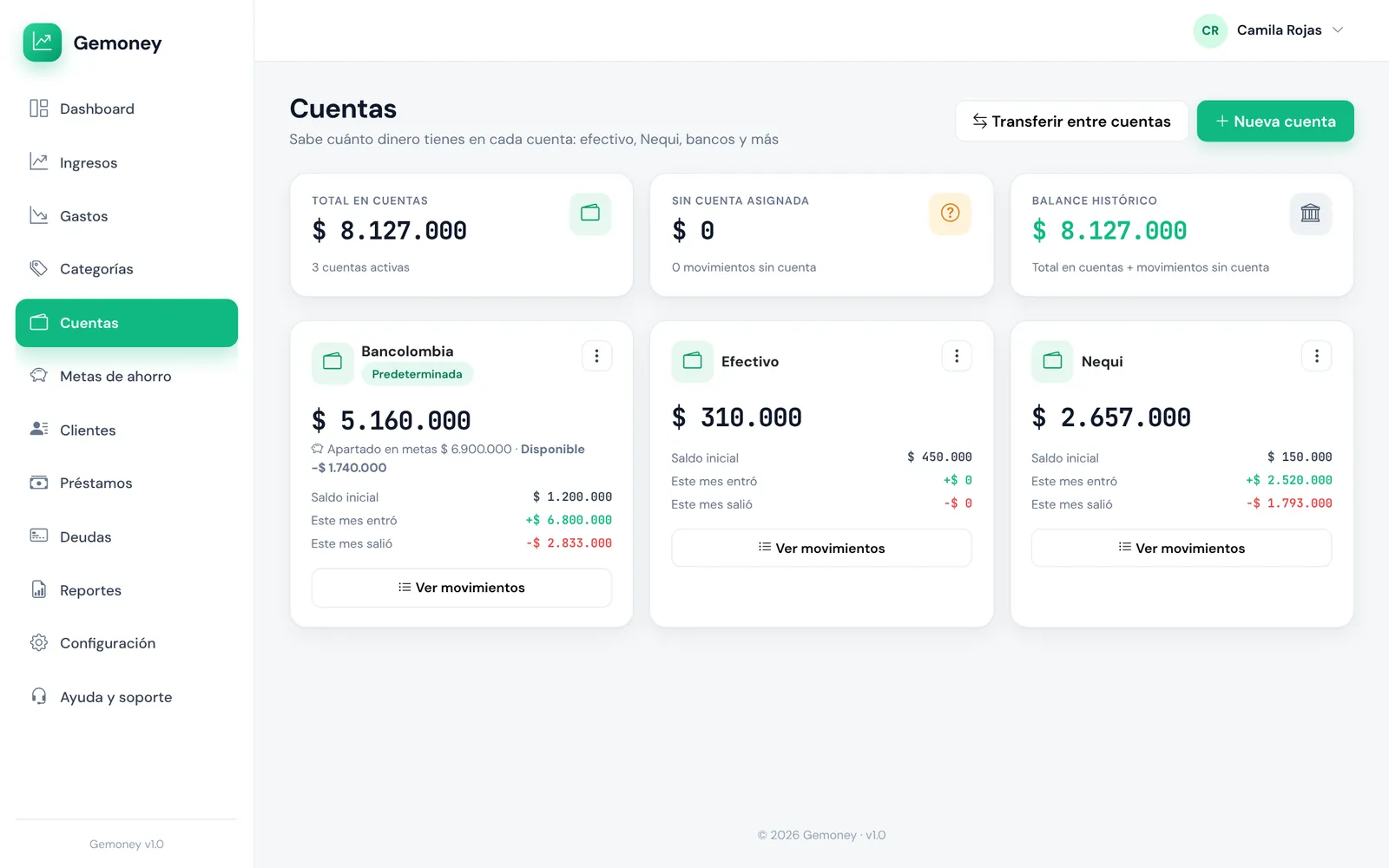 Pantalla de cuentas de Gemoney con efectivo, Nequi y banco