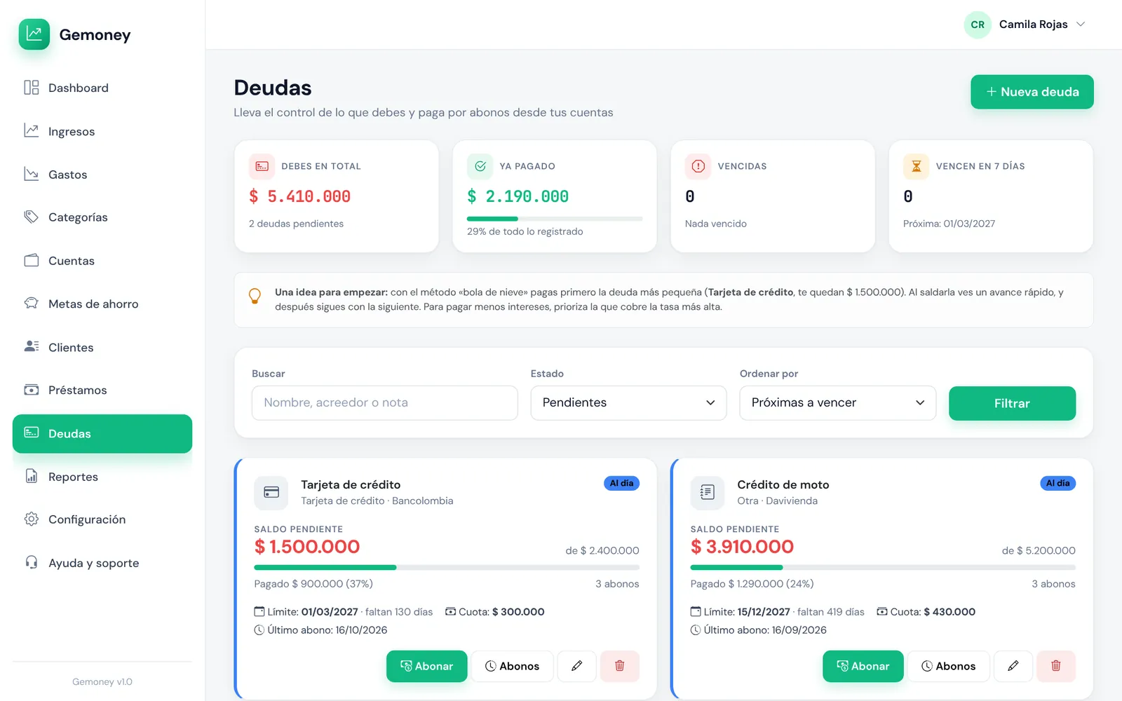 Control de deudas de Gemoney con abonos y vencimientos