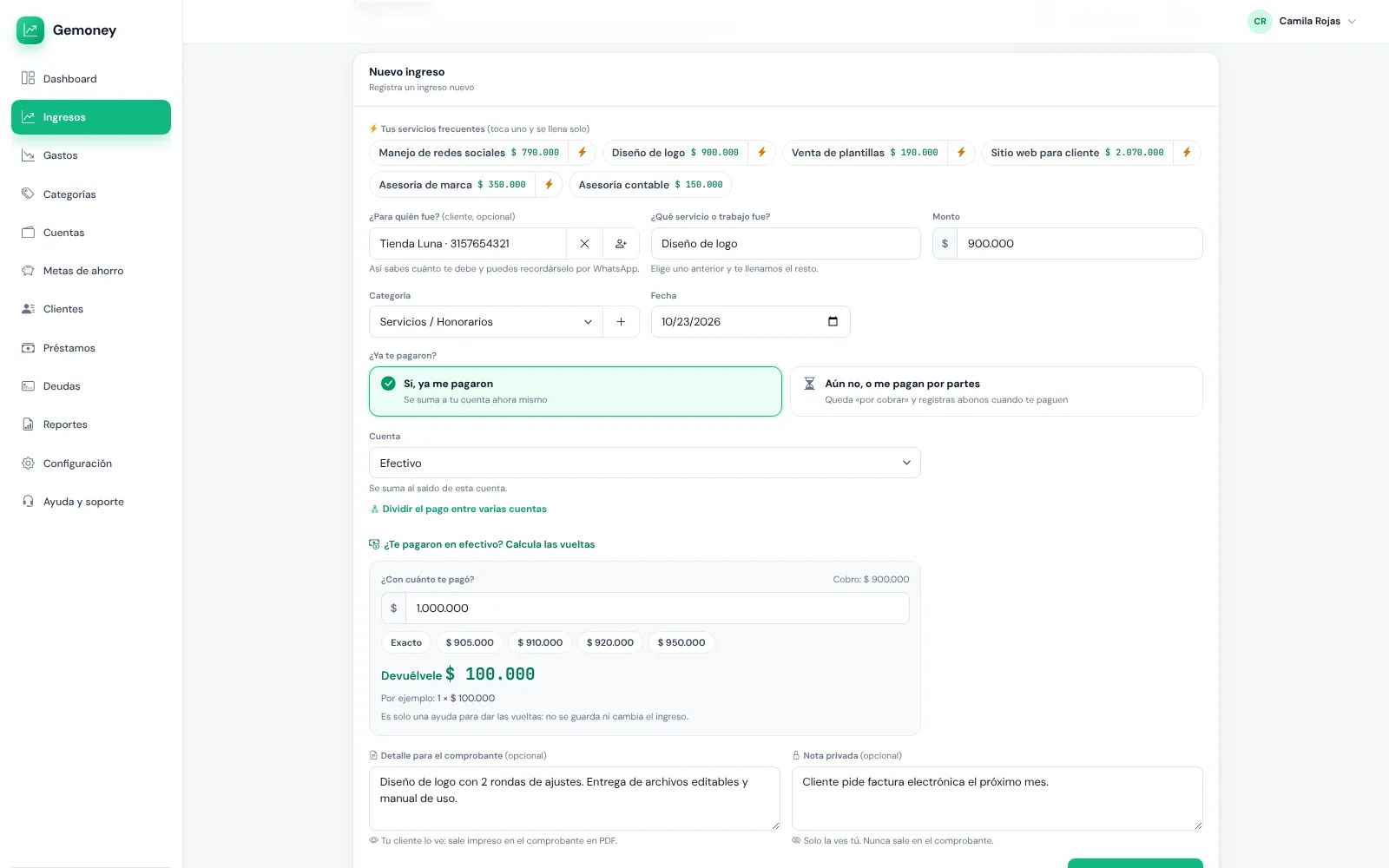 Formulario de ingresos de Gemoney con servicios frecuentes, cobro pendiente o pagado, calculadora de vueltas y notas privada y para el comprobante