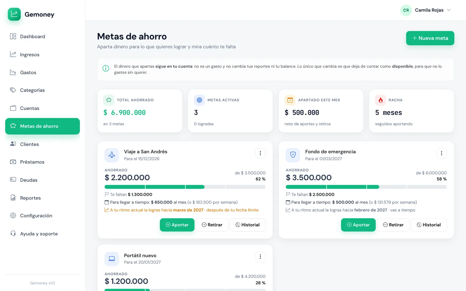Metas de ahorro de Gemoney con progreso, ritmo y racha
