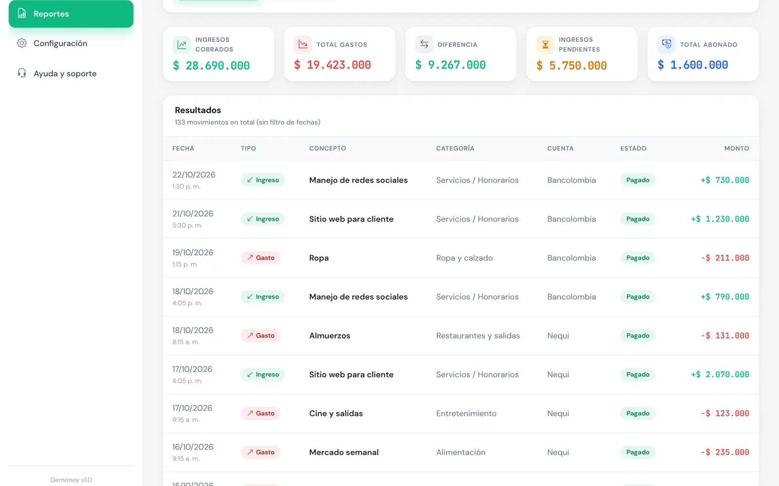 Reportes de Gemoney con filtros y descarga en Excel