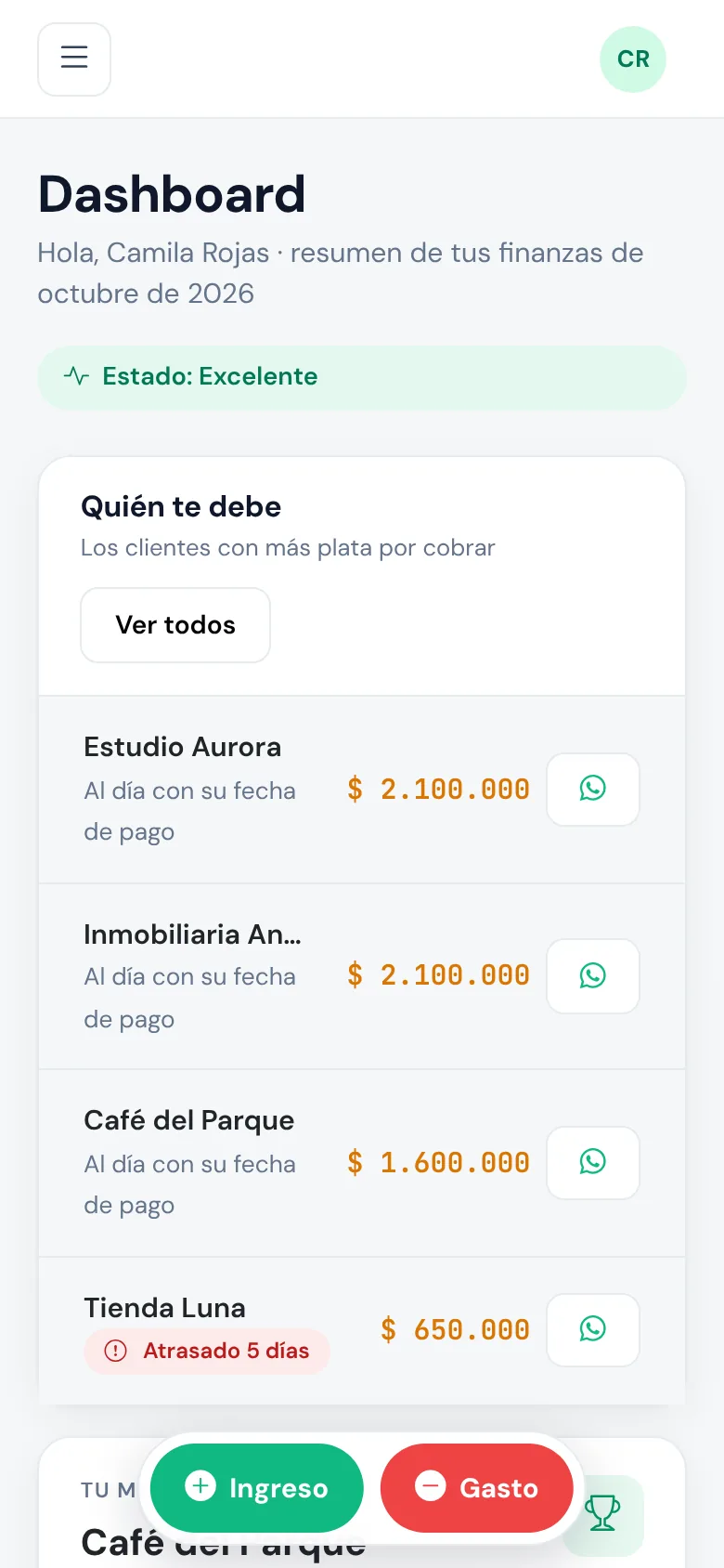 Gemoney en el celular con botones rápidos para registrar ingresos y gastos