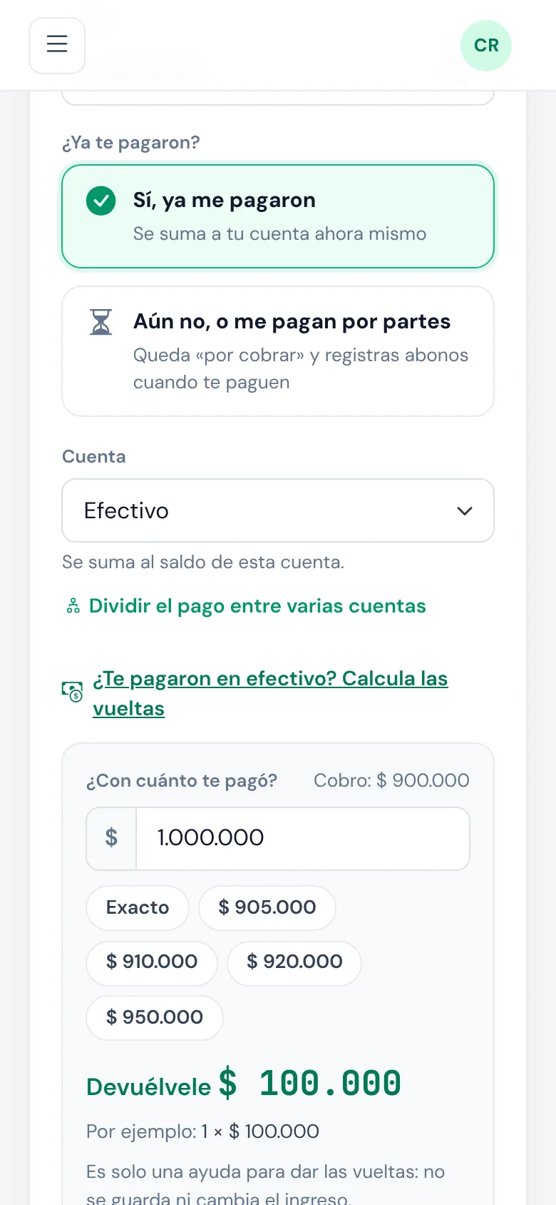 Registrar un ingreso desde el celular, con calculadora de vueltas